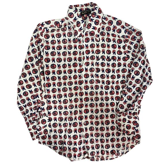 Peace Sign Shirt Hippie Button Down 1960's 1970's Mens Size L Royal Tailors